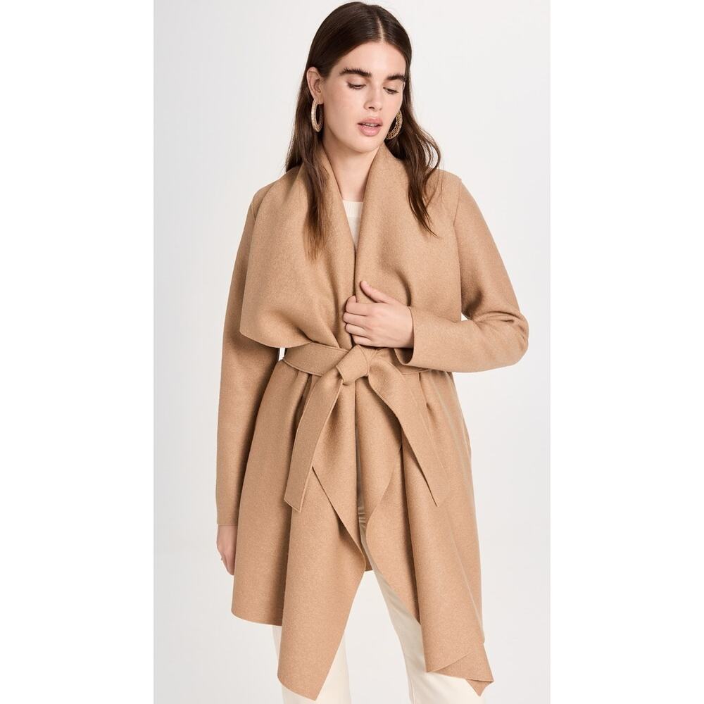 Harris Wharf London Wool Draped Blanket Coat in Camel Tan Belted